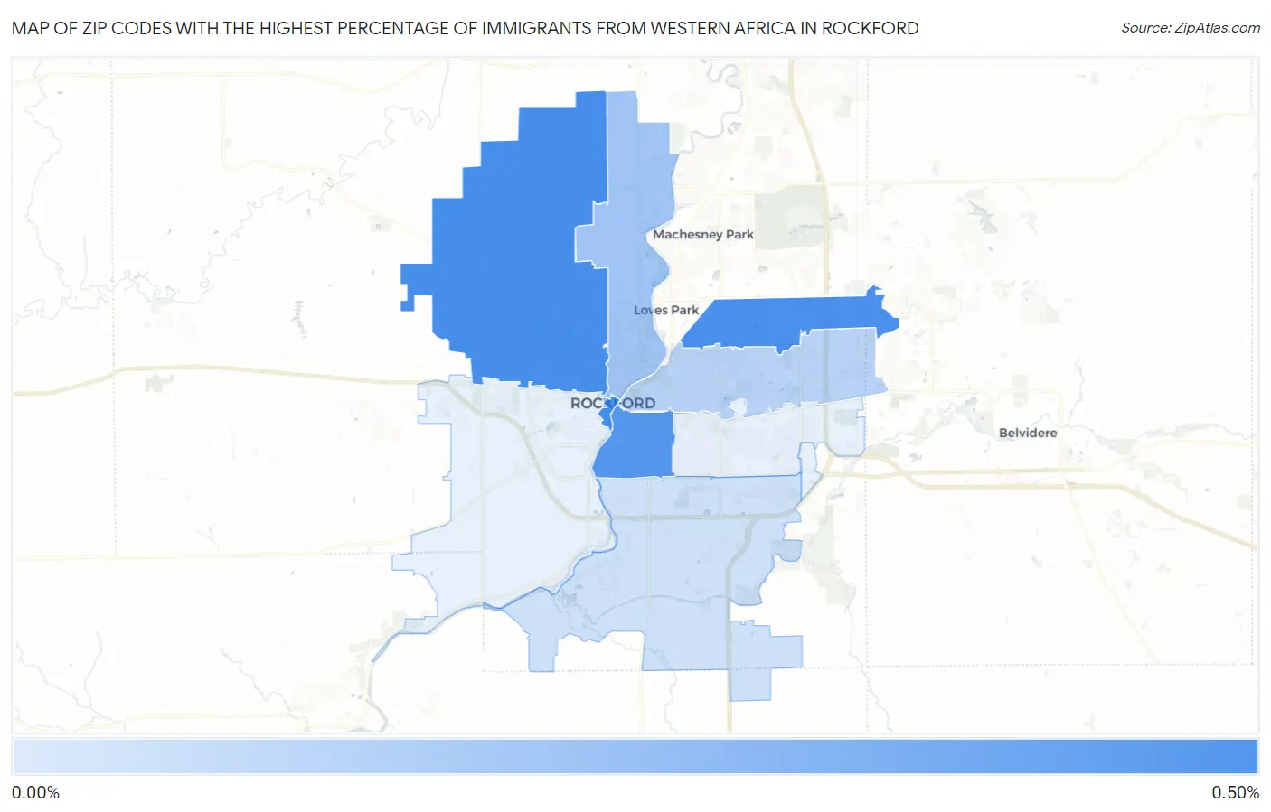 Zip Codes with the Highest Percentage of Immigrants from Western Africa in Rockford Map