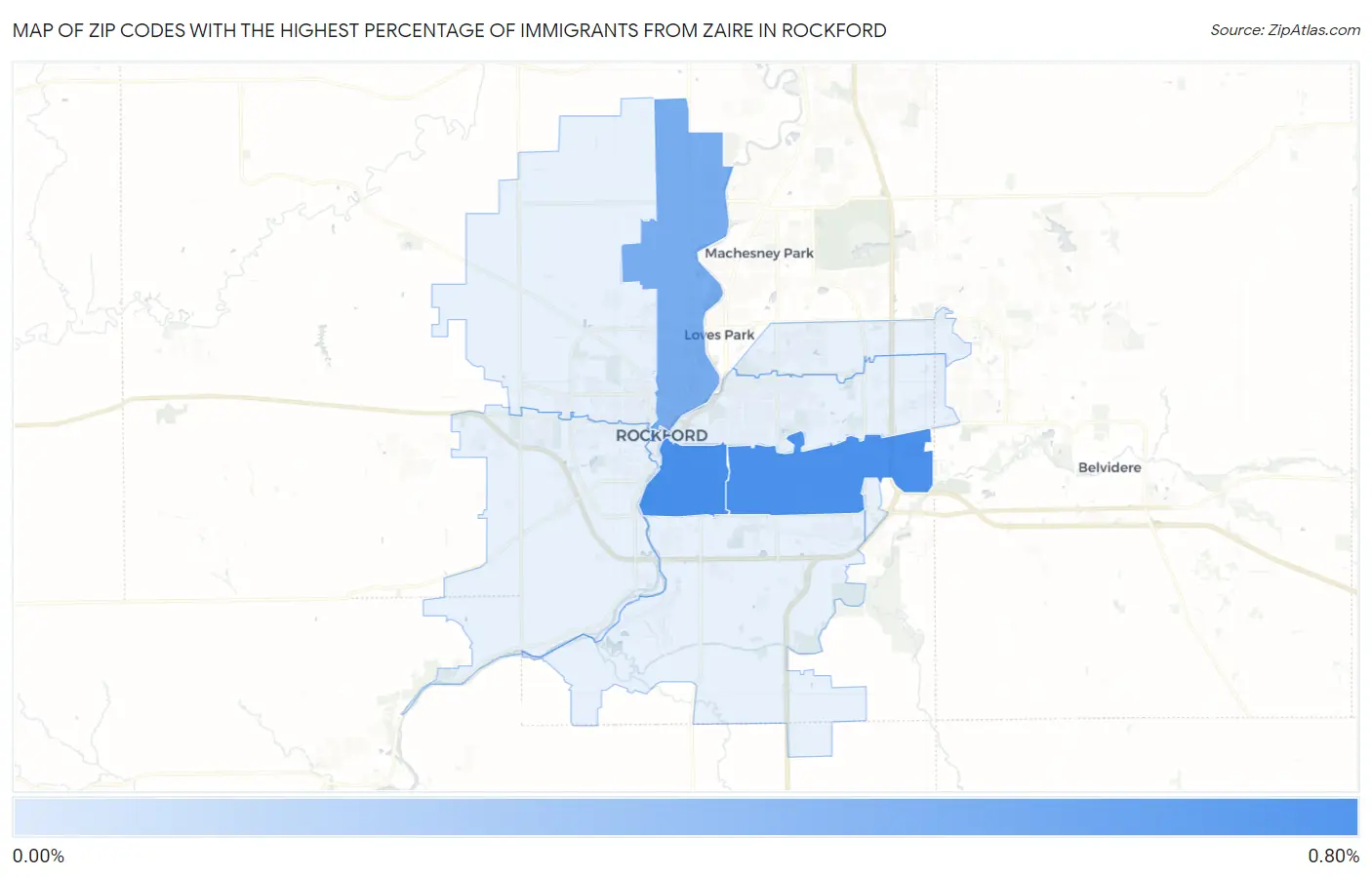 Zip Codes with the Highest Percentage of Immigrants from Zaire in Rockford Map