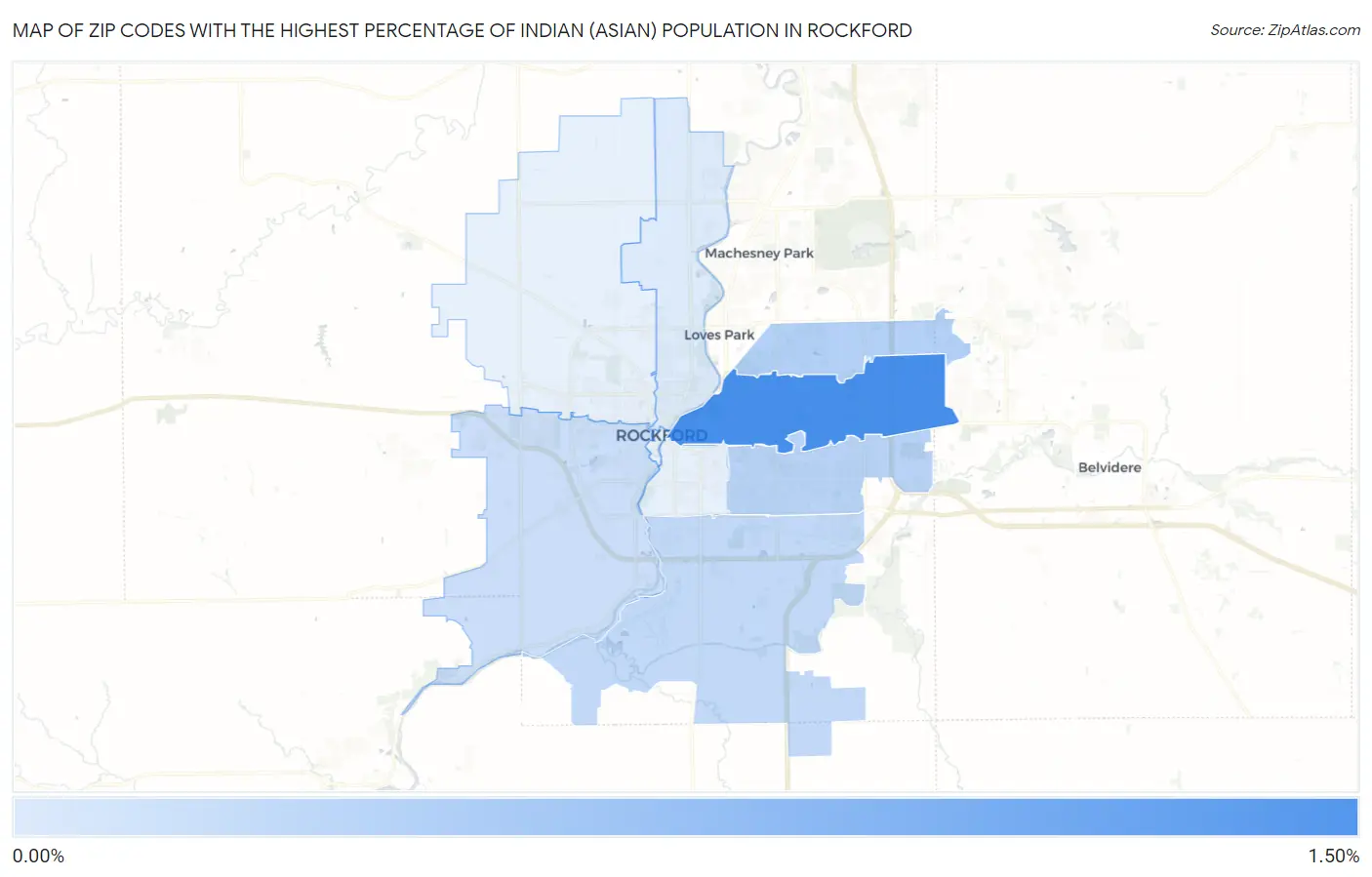 Zip Codes with the Highest Percentage of Indian (Asian) Population in Rockford Map