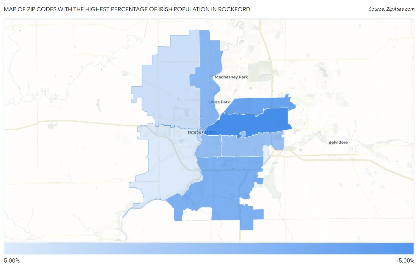 Zip Codes with the Highest Percentage of Irish Population in Rockford Map
