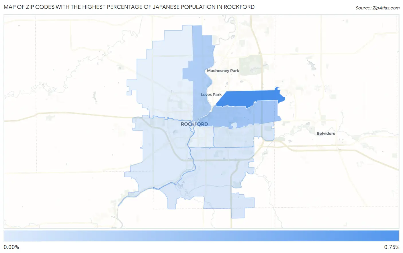 Zip Codes with the Highest Percentage of Japanese Population in Rockford Map