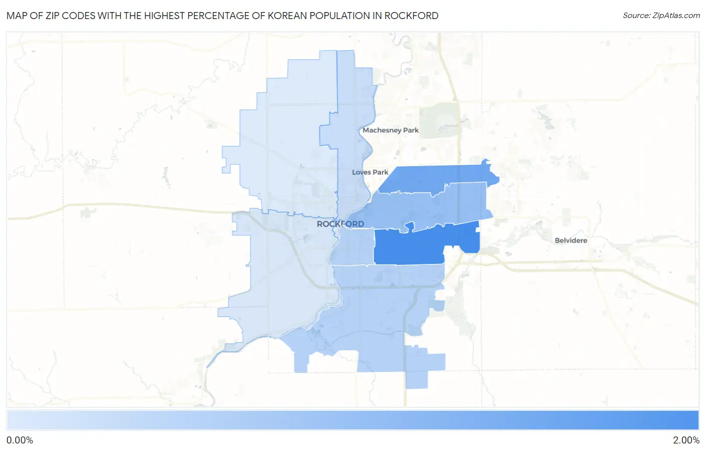 Zip Codes with the Highest Percentage of Korean Population in Rockford Map