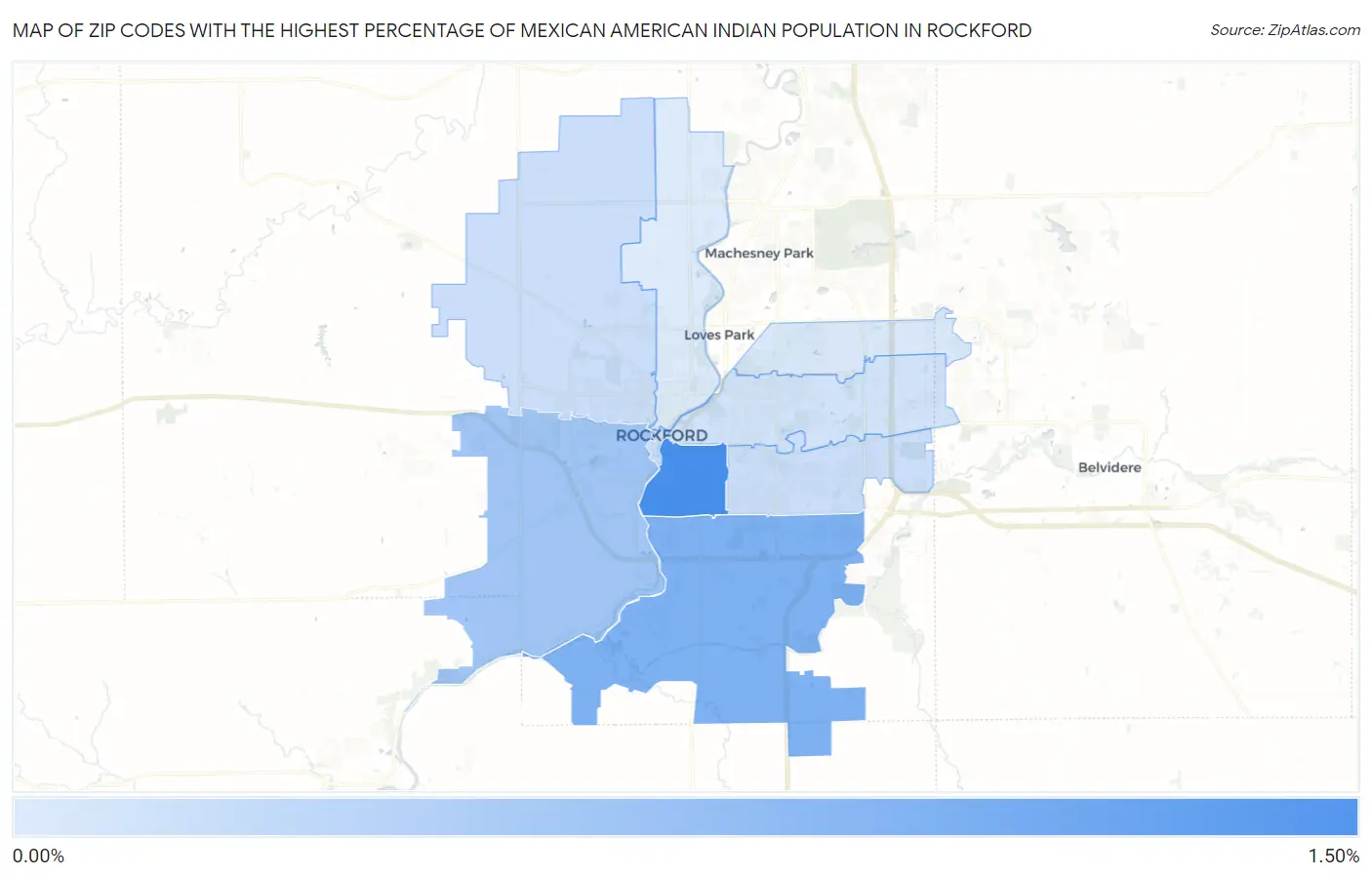 Zip Codes with the Highest Percentage of Mexican American Indian Population in Rockford Map