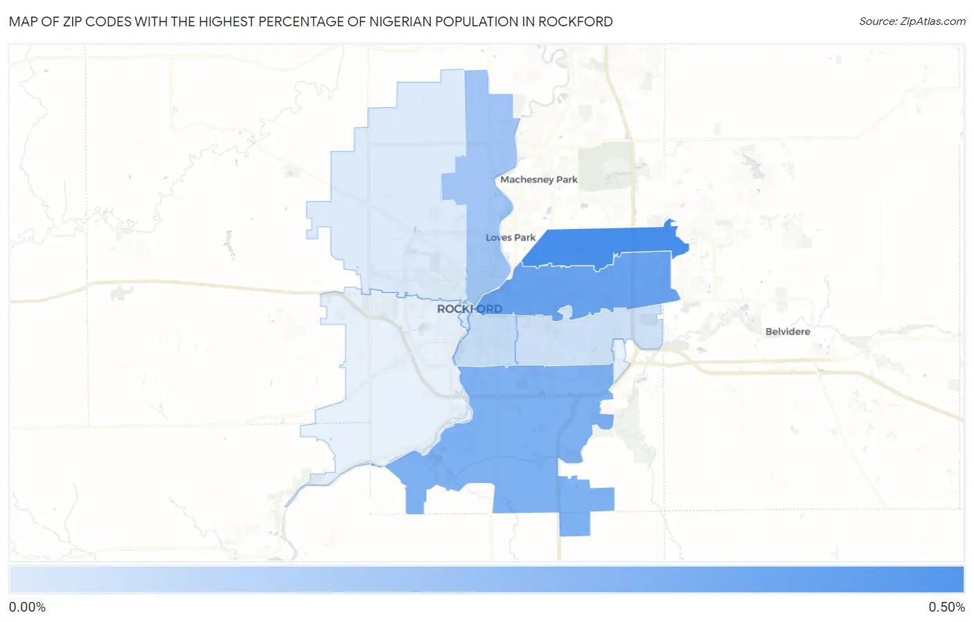 Zip Codes with the Highest Percentage of Nigerian Population in Rockford Map