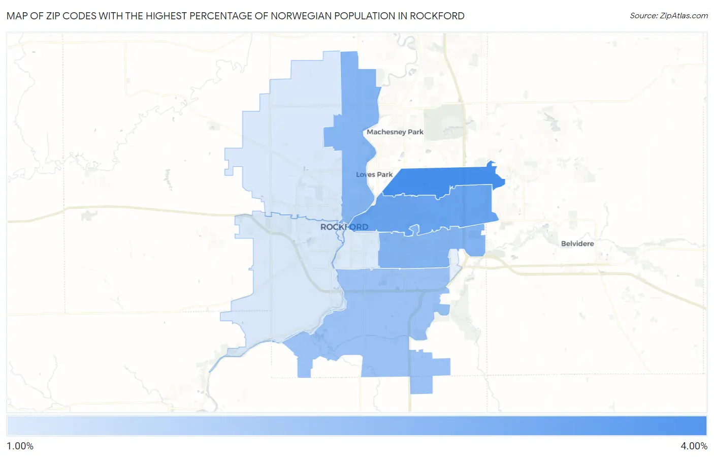 Zip Codes with the Highest Percentage of Norwegian Population in Rockford Map