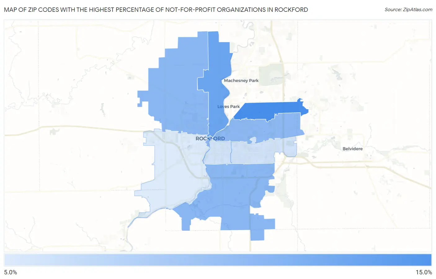 Zip Codes with the Highest Percentage of Not-for-profit Organizations in Rockford Map