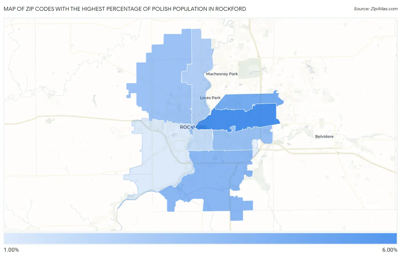 Zip Codes with the Highest Percentage of Polish Population in Rockford Map