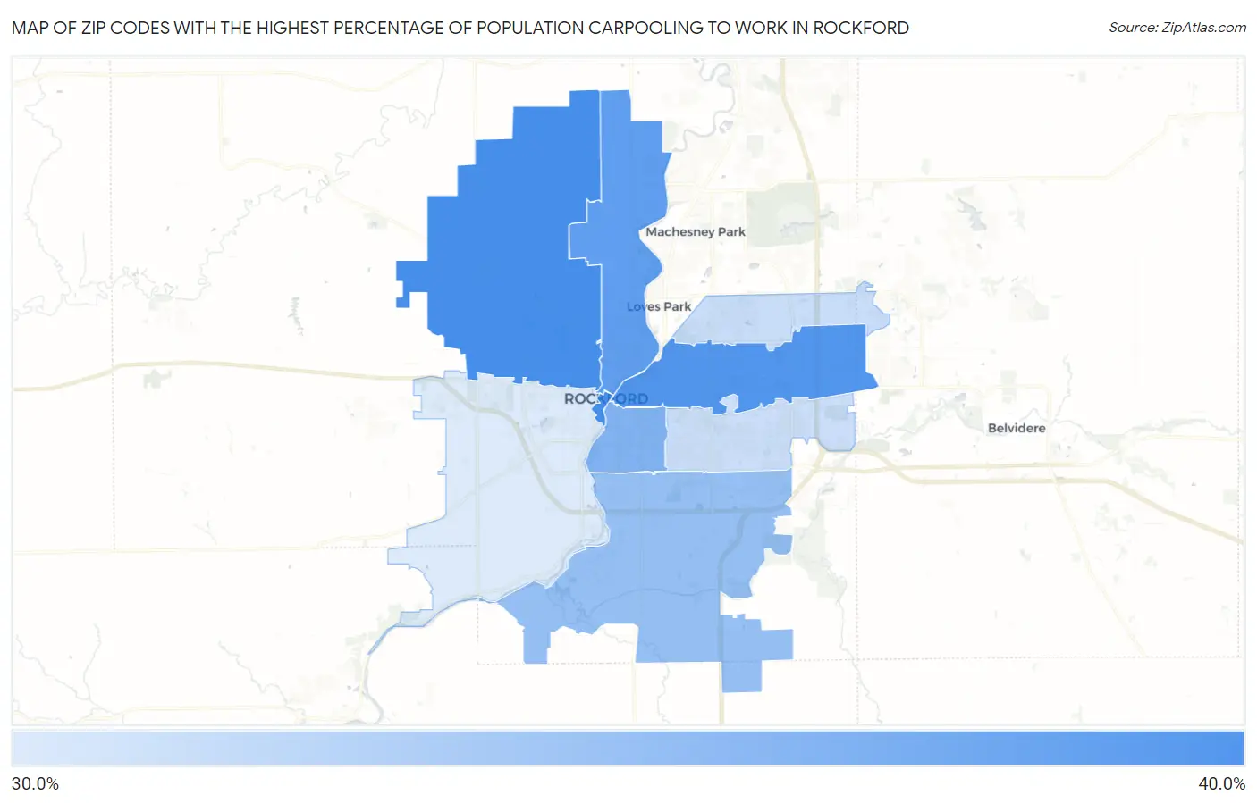 Zip Codes with the Highest Percentage of Population Carpooling to Work in Rockford Map