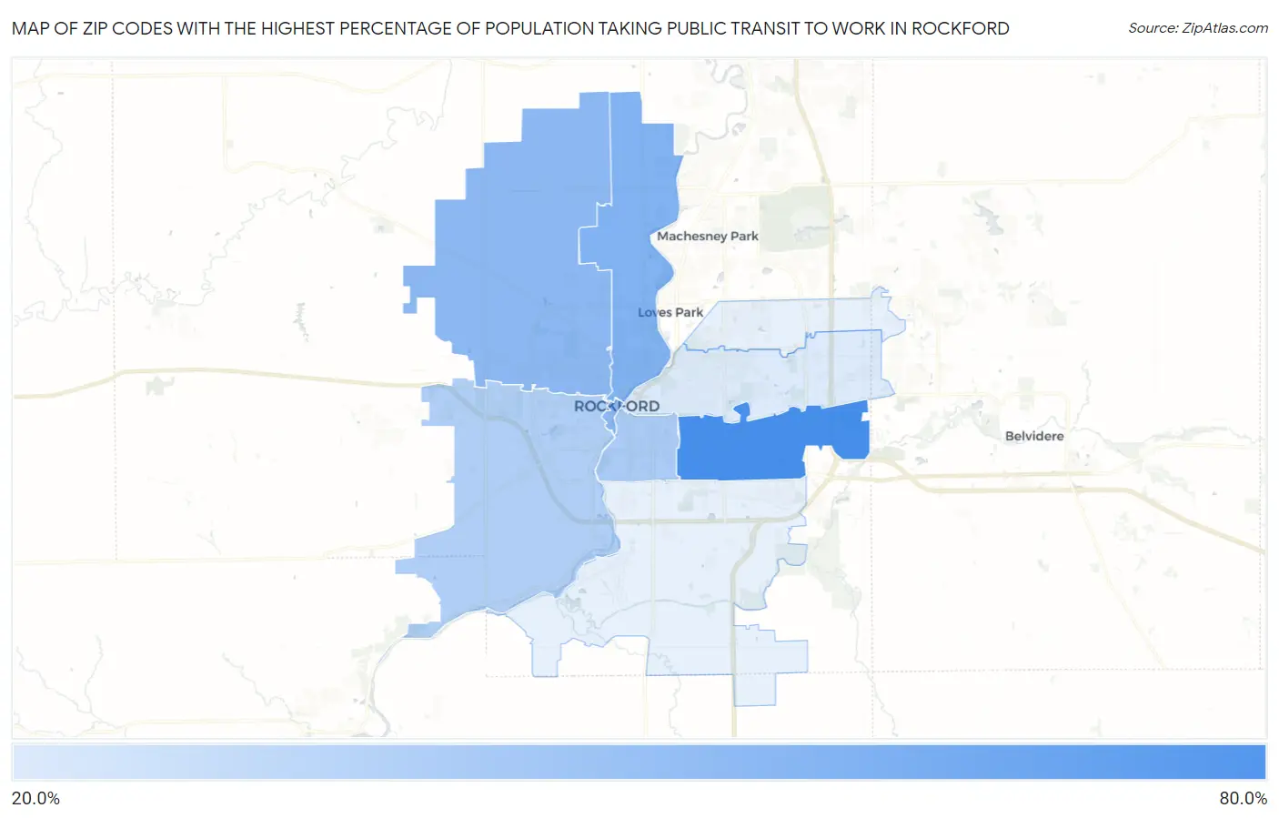 Zip Codes with the Highest Percentage of Population Taking Public Transit to Work in Rockford Map