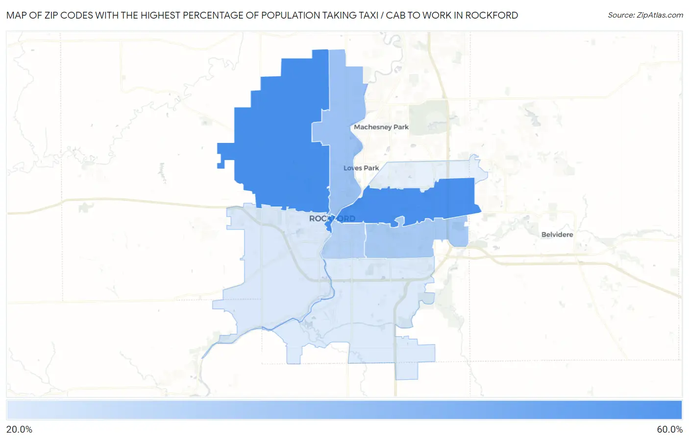 Zip Codes with the Highest Percentage of Population Taking Taxi / Cab to Work in Rockford Map
