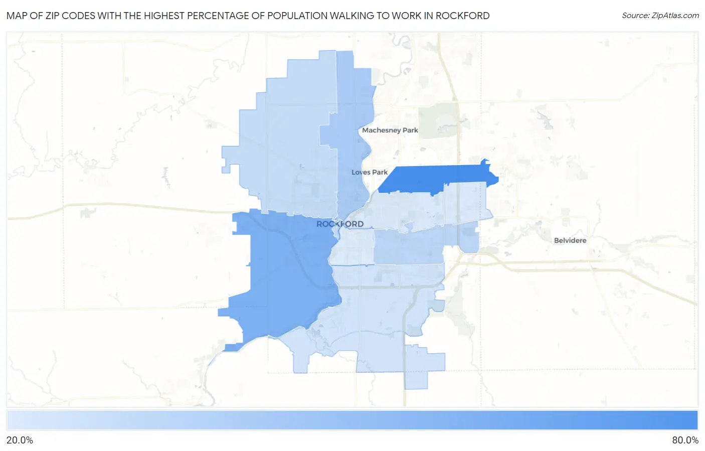 Zip Codes with the Highest Percentage of Population Walking to Work in Rockford Map