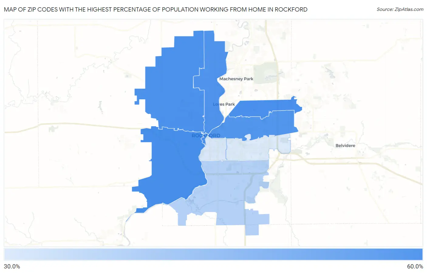 Zip Codes with the Highest Percentage of Population Working from Home in Rockford Map