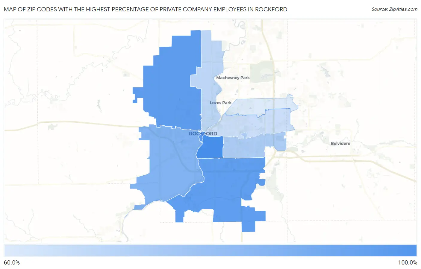 Zip Codes with the Highest Percentage of Private Company Employees in Rockford Map