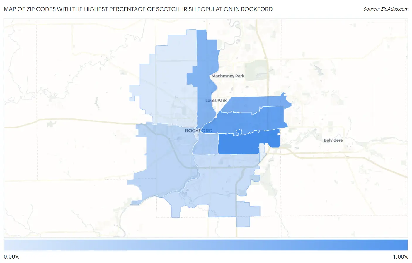 Zip Codes with the Highest Percentage of Scotch-Irish Population in Rockford Map