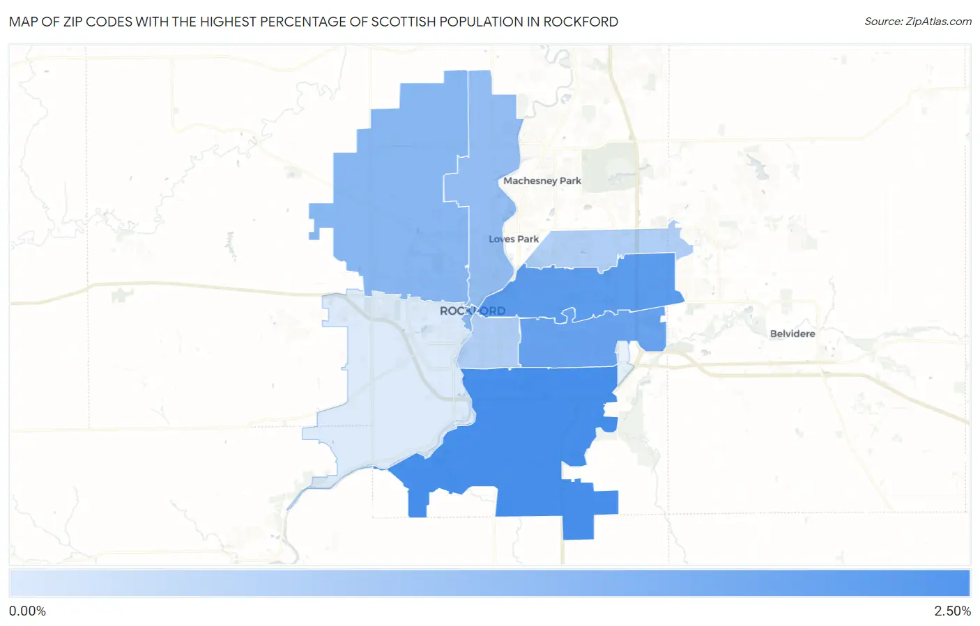 Zip Codes with the Highest Percentage of Scottish Population in Rockford Map