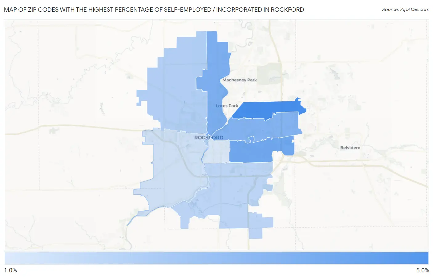 Zip Codes with the Highest Percentage of Self-Employed / Incorporated in Rockford Map