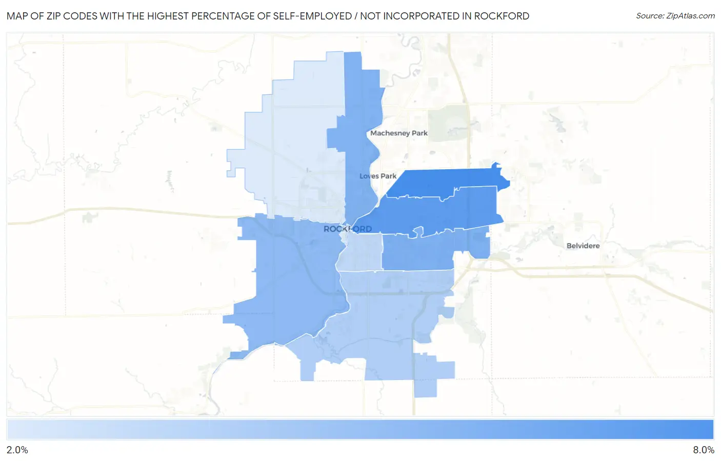 Zip Codes with the Highest Percentage of Self-Employed / Not Incorporated in Rockford Map