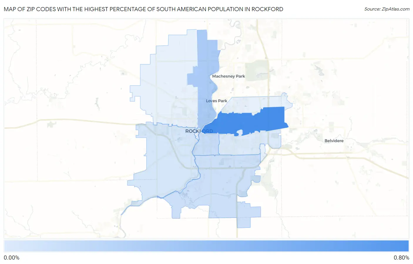 Zip Codes with the Highest Percentage of South American Population in Rockford Map