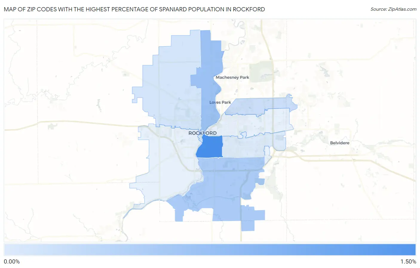 Zip Codes with the Highest Percentage of Spaniard Population in Rockford Map