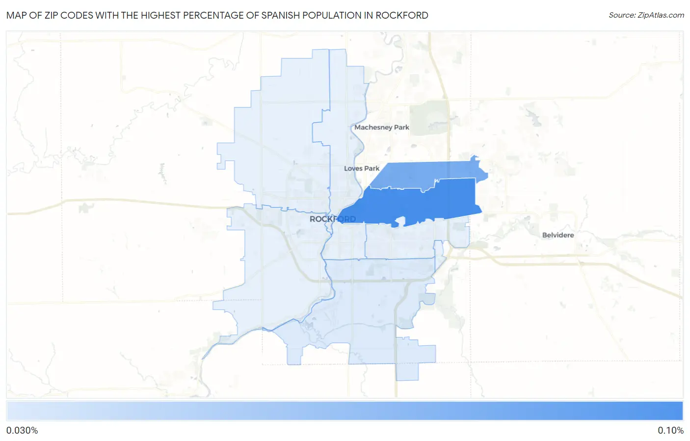 Zip Codes with the Highest Percentage of Spanish Population in Rockford Map