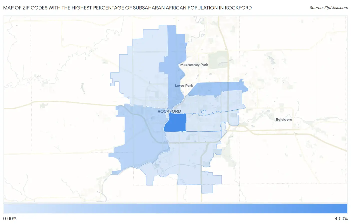 Zip Codes with the Highest Percentage of Subsaharan African Population in Rockford Map