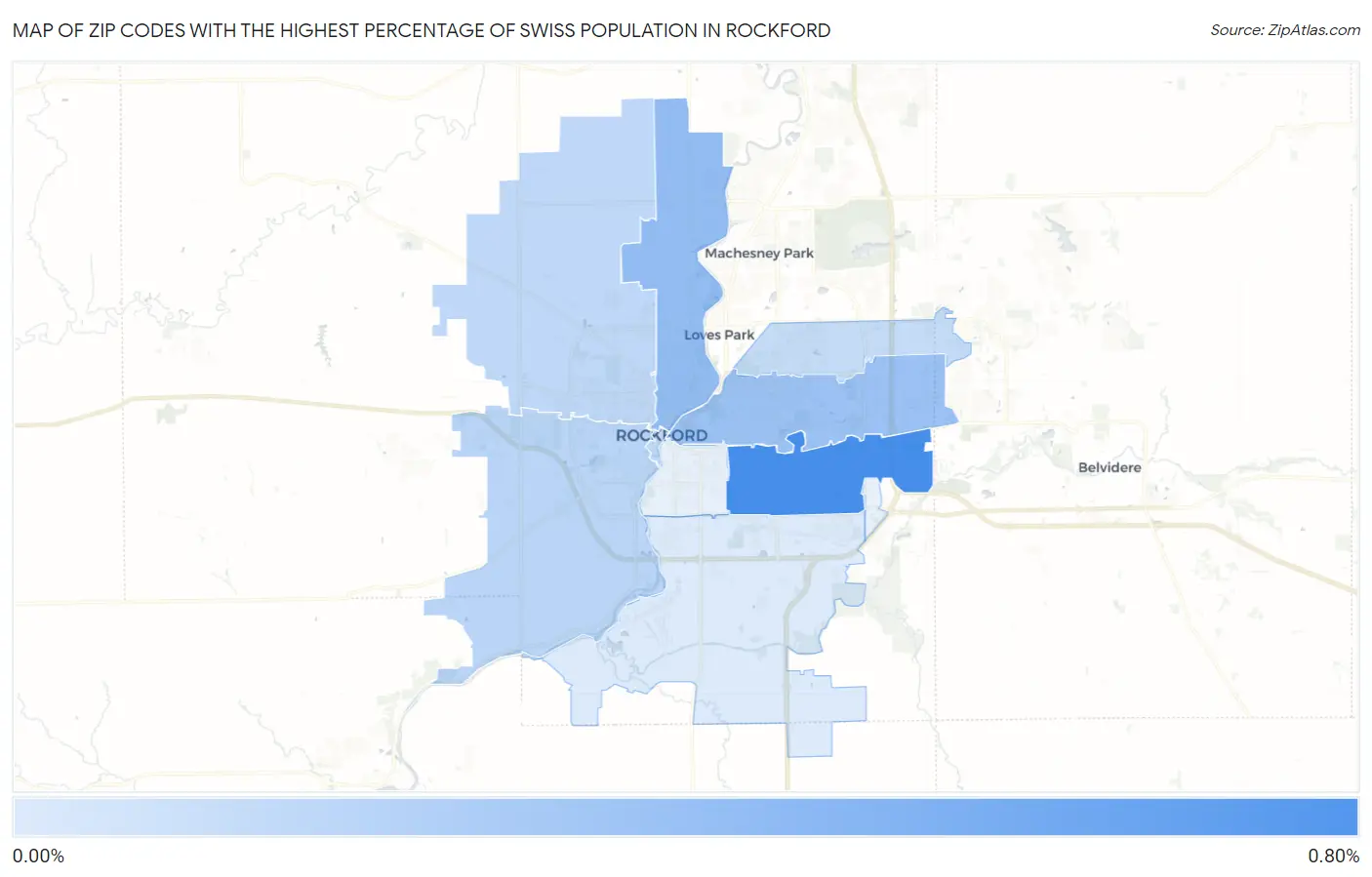 Zip Codes with the Highest Percentage of Swiss Population in Rockford Map