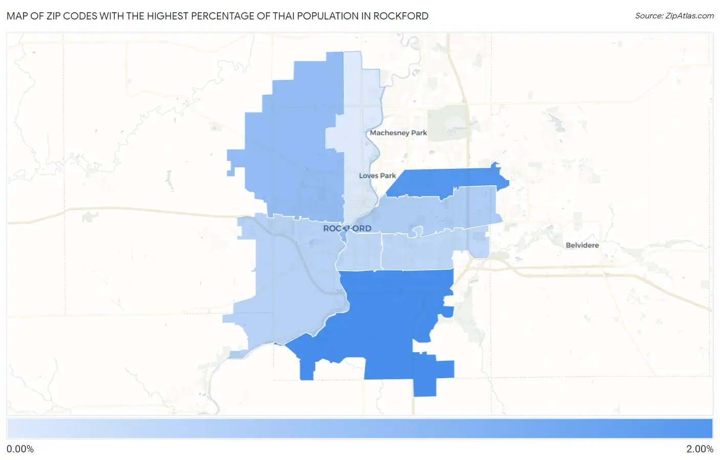 Zip Codes with the Highest Percentage of Thai Population in Rockford Map