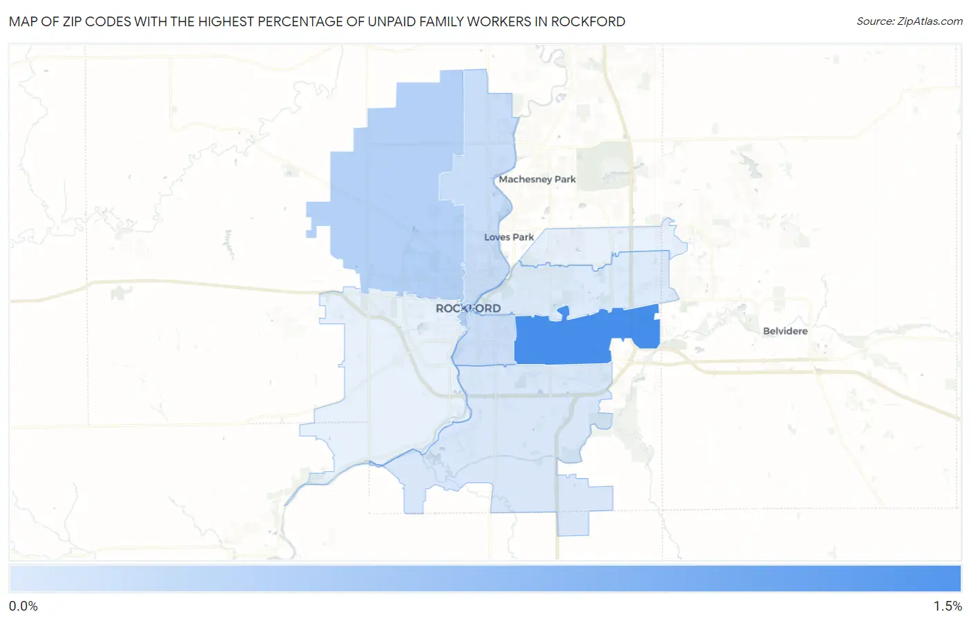 Zip Codes with the Highest Percentage of Unpaid Family Workers in Rockford Map