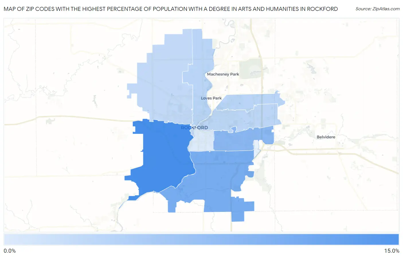 Zip Codes with the Highest Percentage of Population with a Degree in Arts and Humanities in Rockford Map
