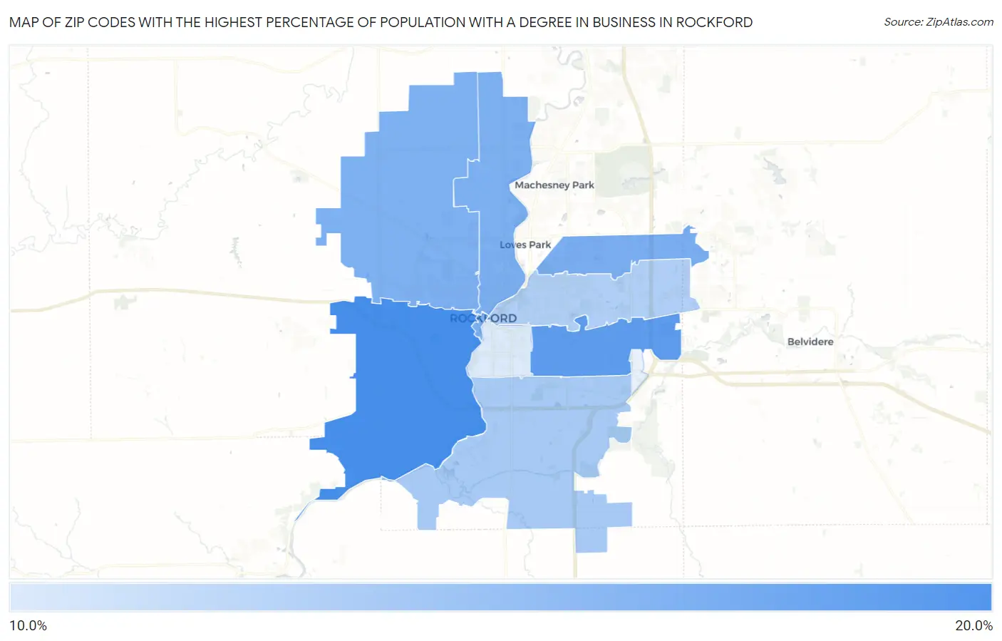 Zip Codes with the Highest Percentage of Population with a Degree in Business in Rockford Map