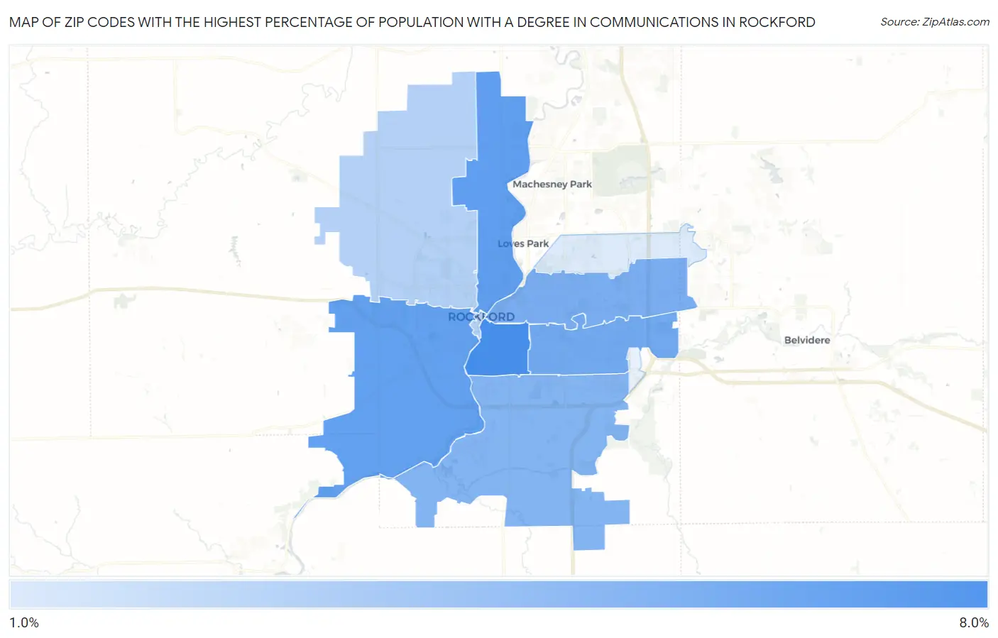Zip Codes with the Highest Percentage of Population with a Degree in Communications in Rockford Map