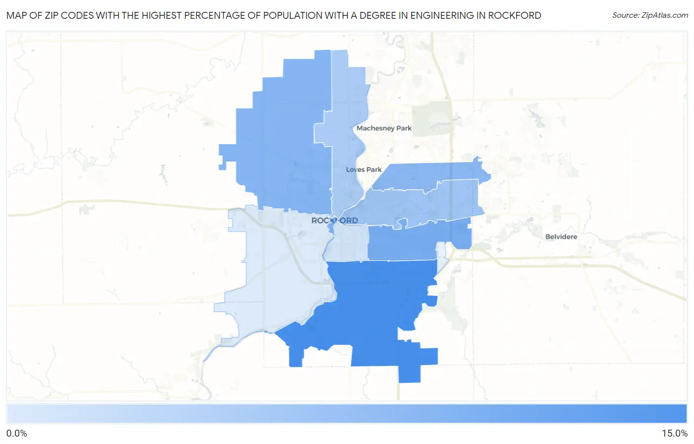 Zip Codes with the Highest Percentage of Population with a Degree in Engineering in Rockford Map