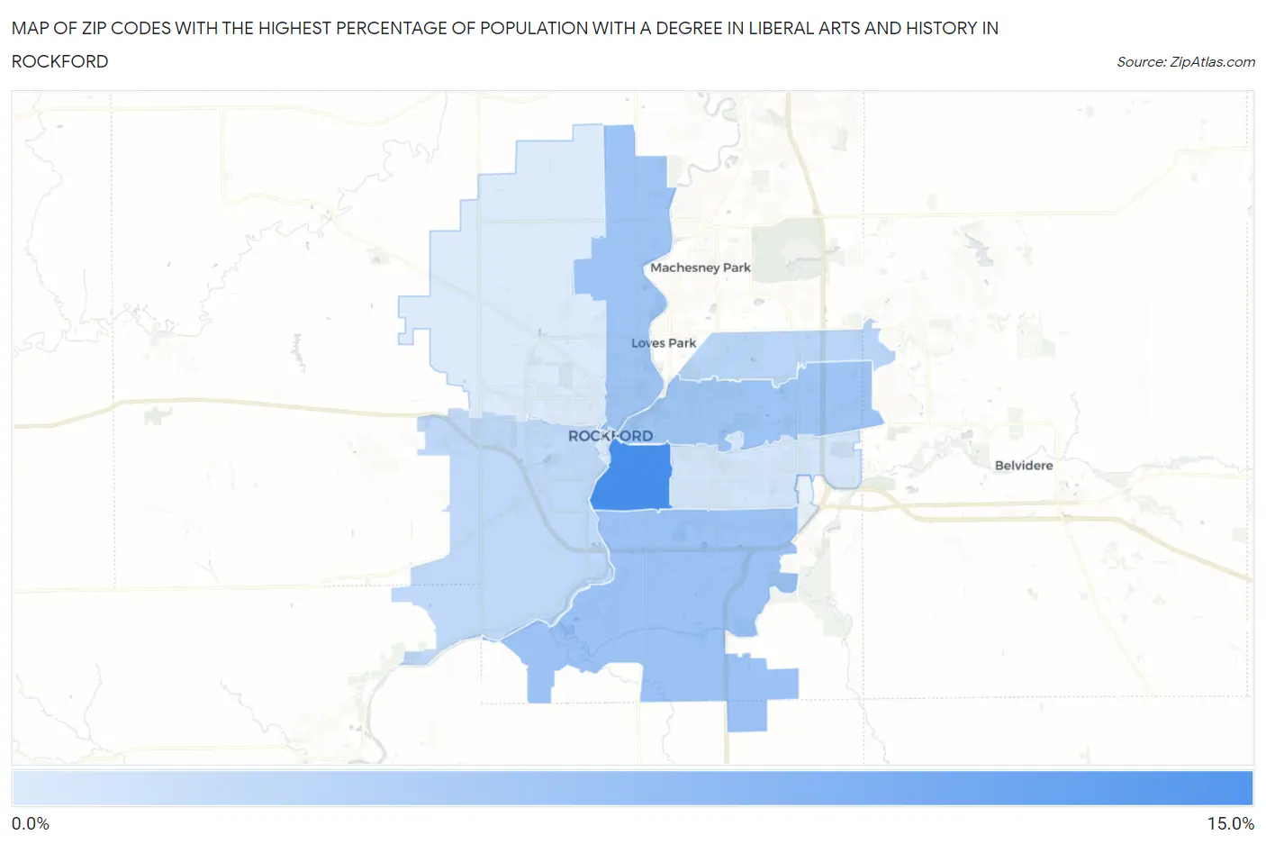 Zip Codes with the Highest Percentage of Population with a Degree in Liberal Arts and History in Rockford Map