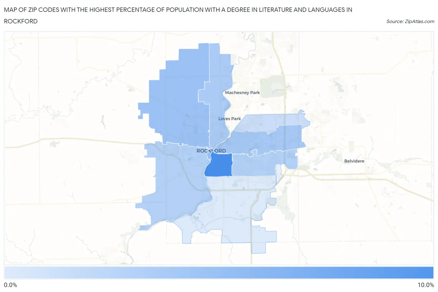 Zip Codes with the Highest Percentage of Population with a Degree in Literature and Languages in Rockford Map