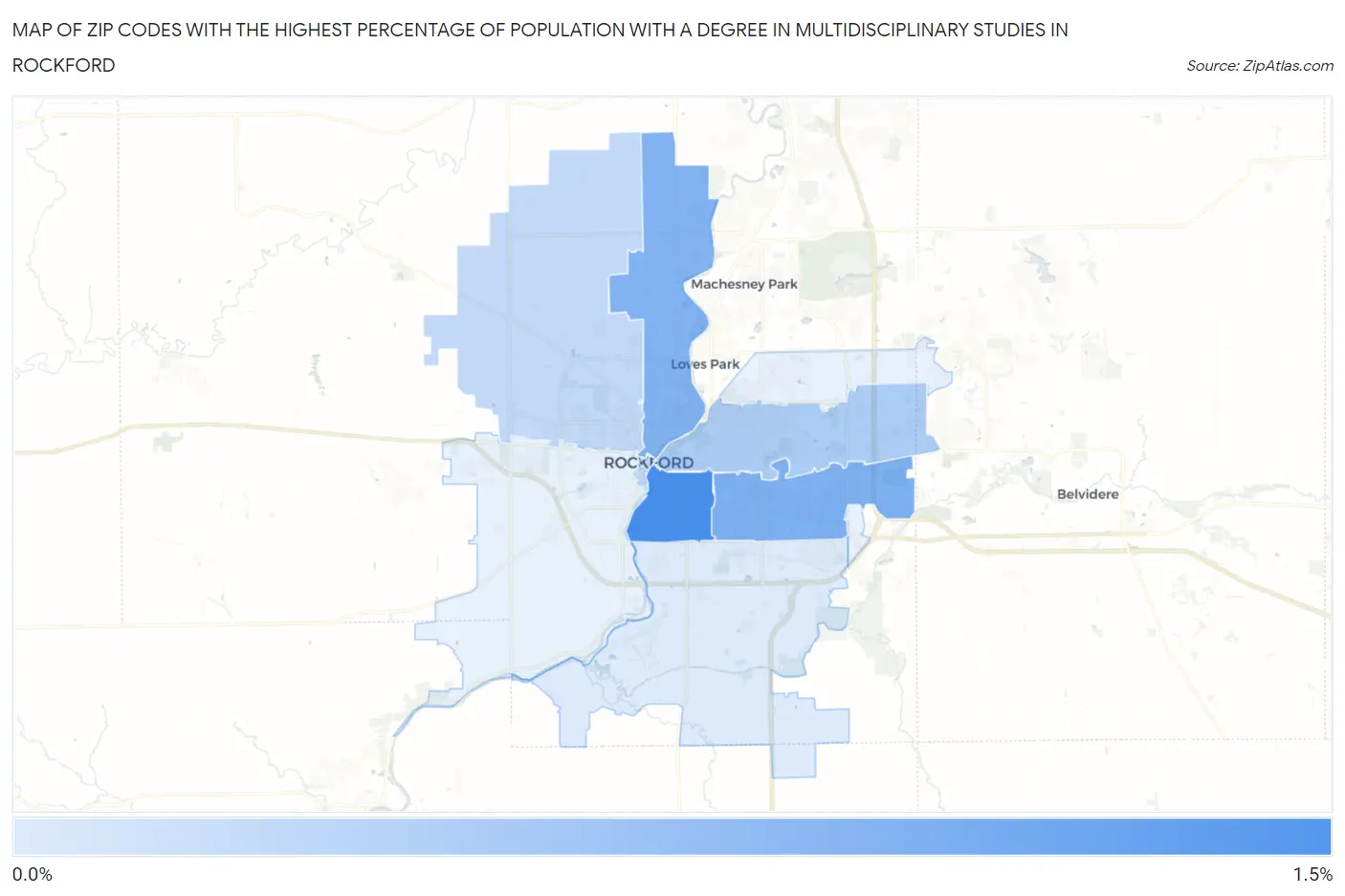 Zip Codes with the Highest Percentage of Population with a Degree in Multidisciplinary Studies in Rockford Map