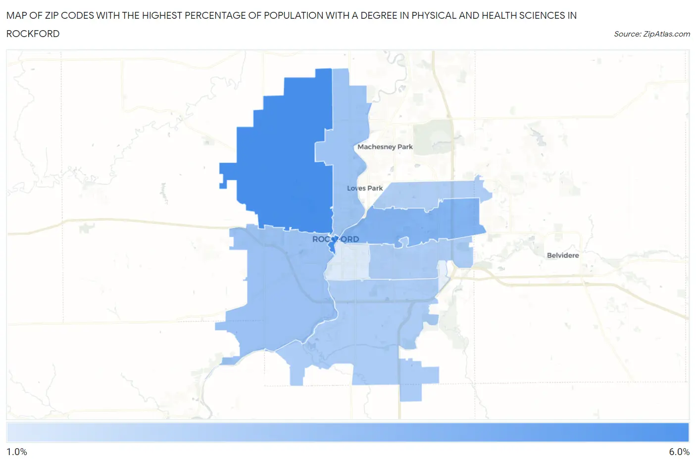 Zip Codes with the Highest Percentage of Population with a Degree in Physical and Health Sciences in Rockford Map