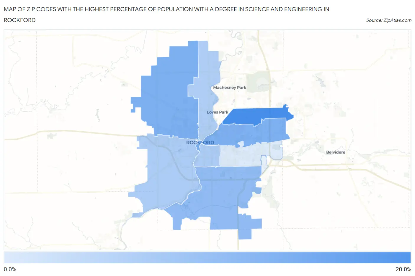 Zip Codes with the Highest Percentage of Population with a Degree in Science and Engineering in Rockford Map