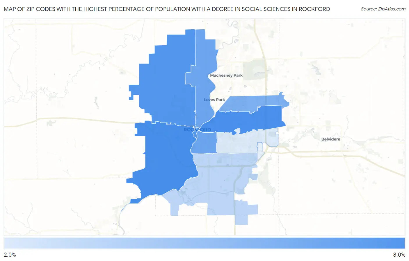 Zip Codes with the Highest Percentage of Population with a Degree in Social Sciences in Rockford Map