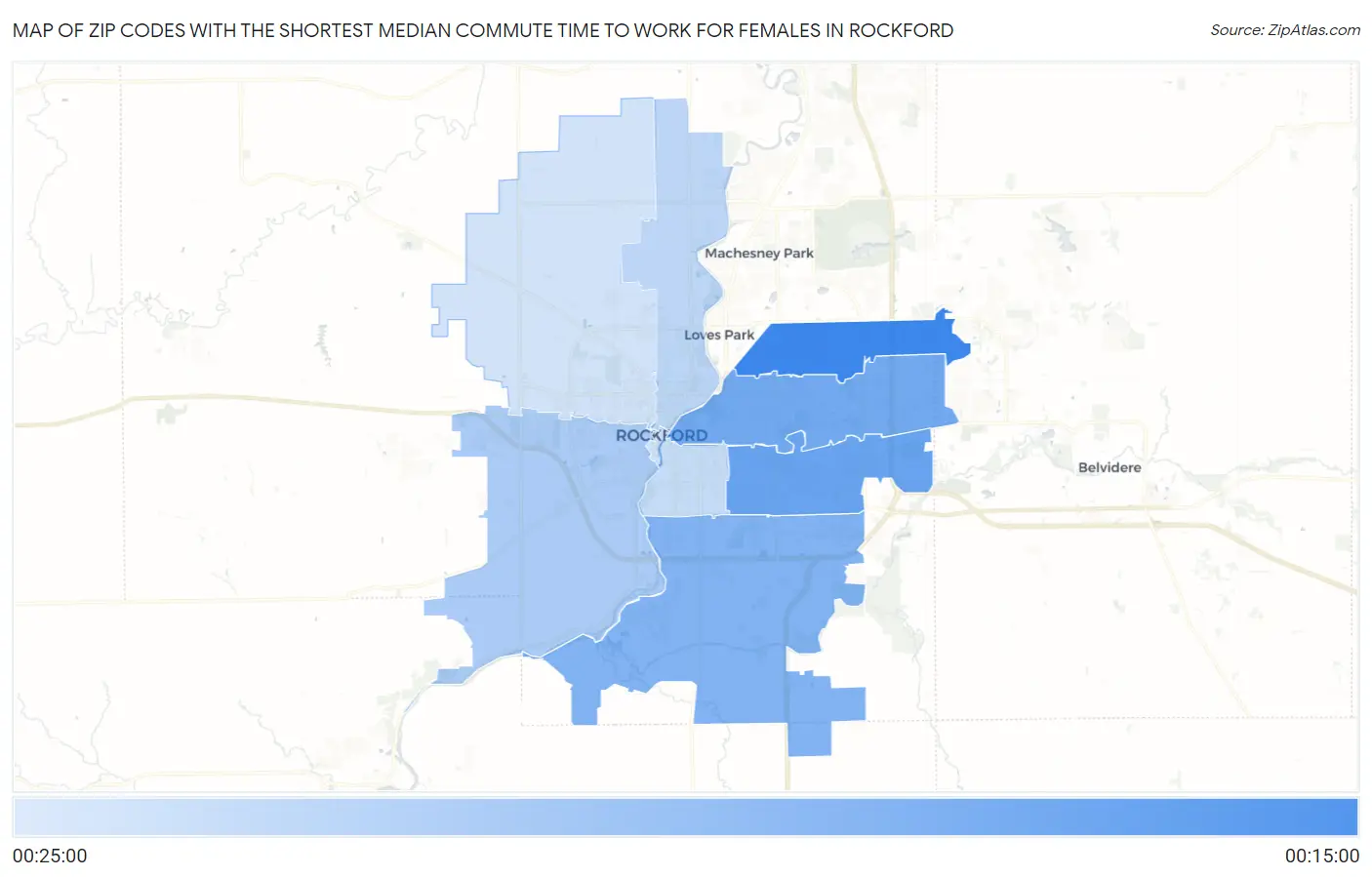 Zip Codes with the Shortest Median Commute Time to Work for Females in Rockford Map