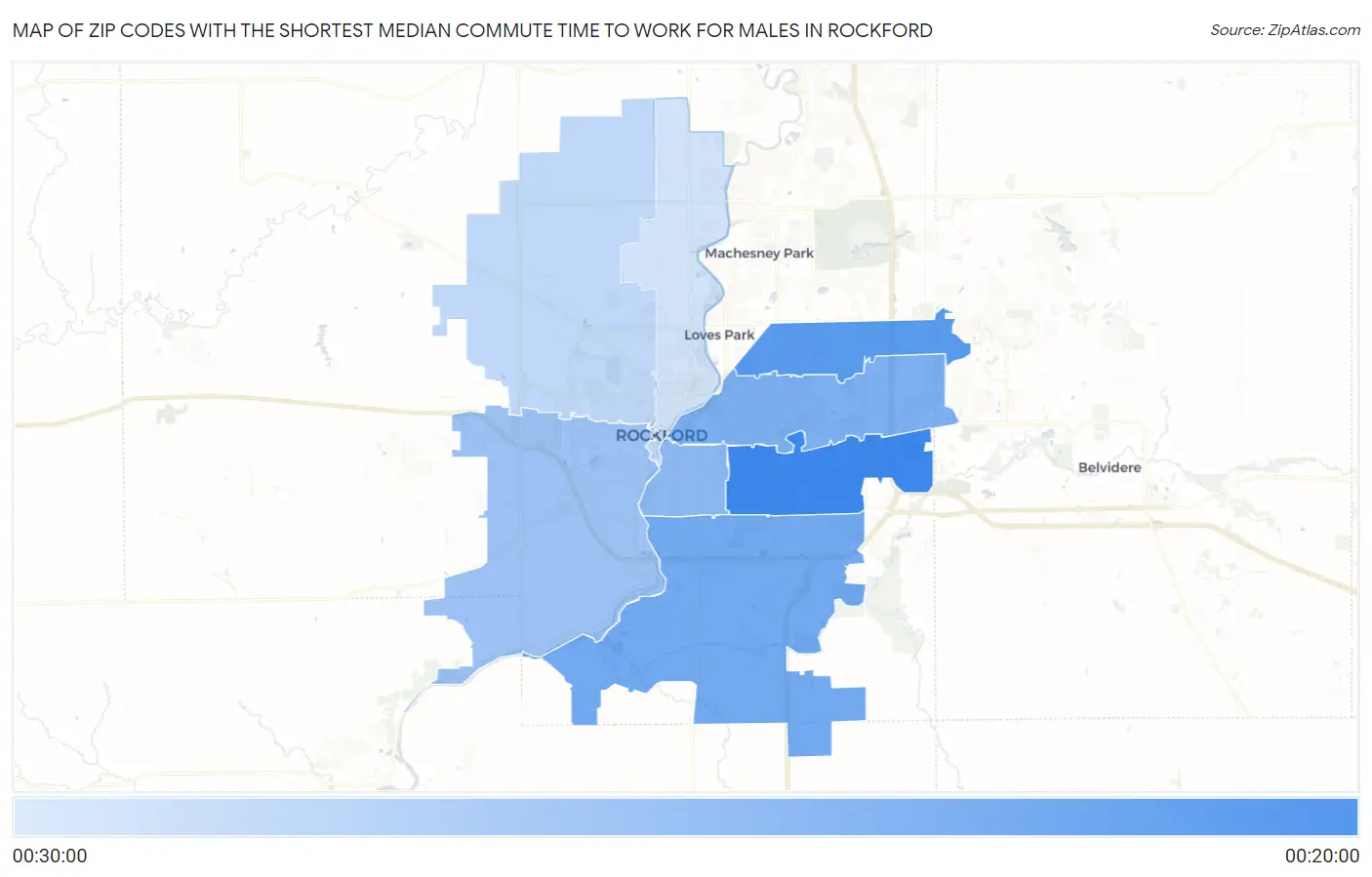 Zip Codes with the Shortest Median Commute Time to Work for Males in Rockford Map