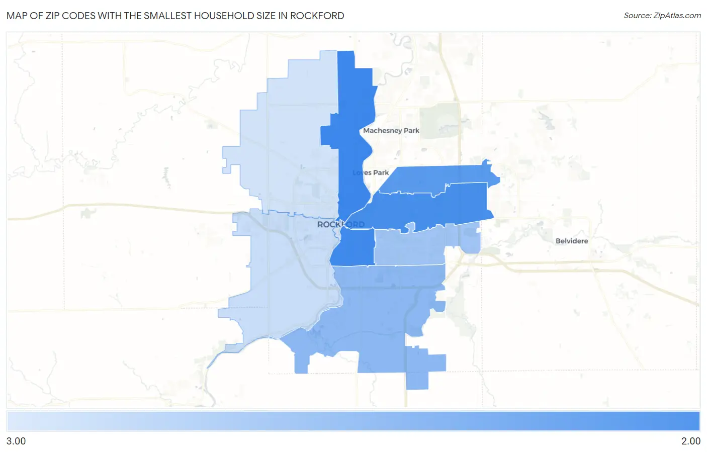 Zip Codes with the Smallest Household Size in Rockford Map