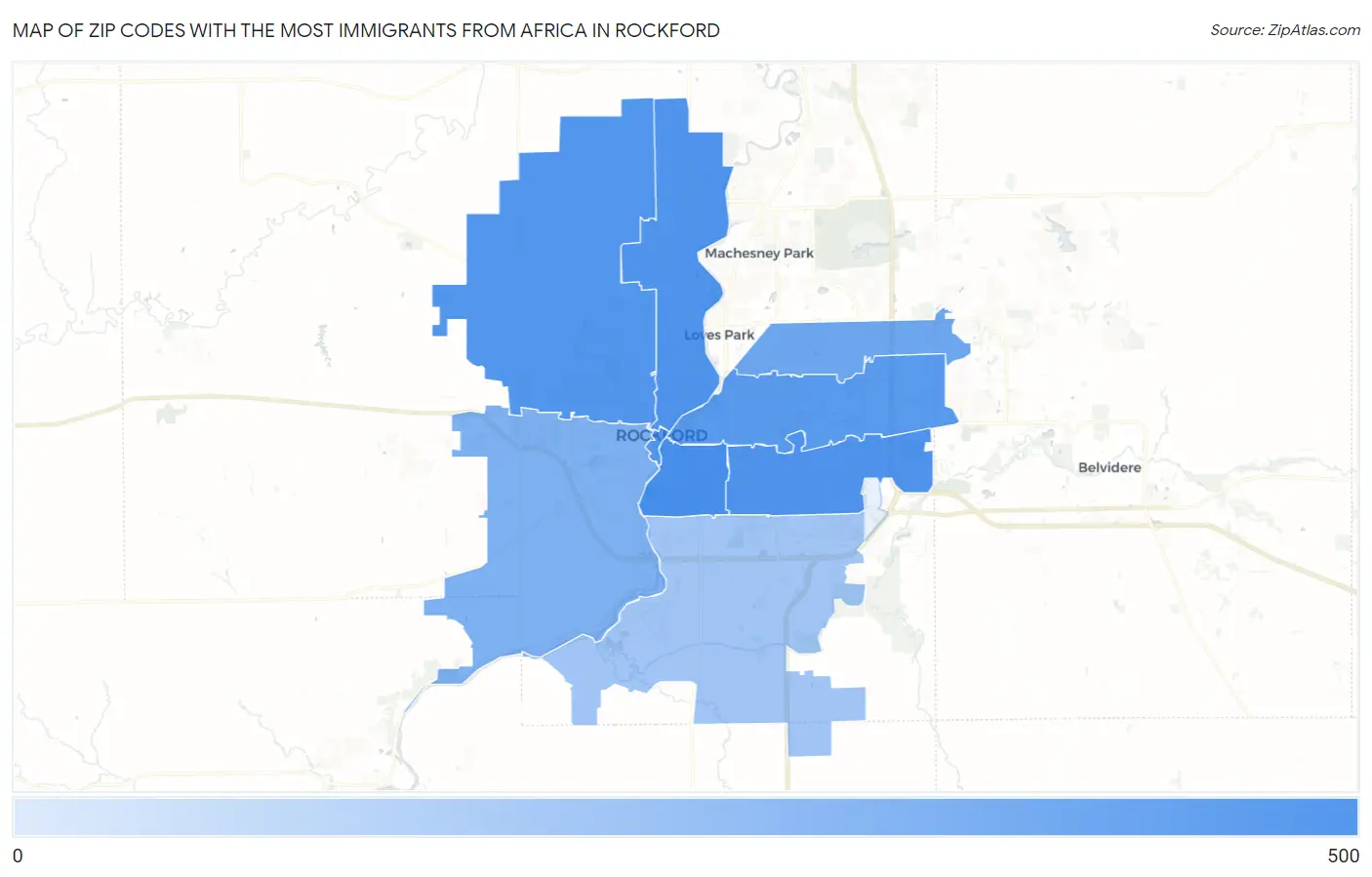 Zip Codes with the Most Immigrants from Africa in Rockford Map