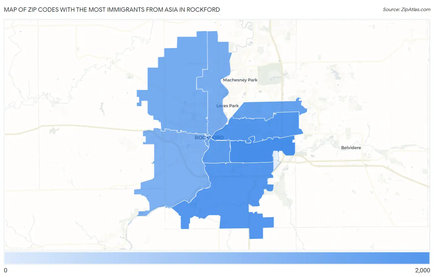 Zip Codes with the Most Immigrants from Asia in Rockford Map