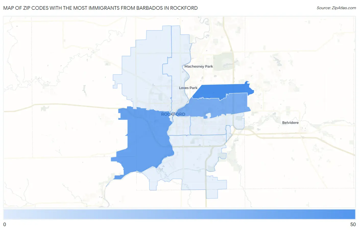 Zip Codes with the Most Immigrants from Barbados in Rockford Map