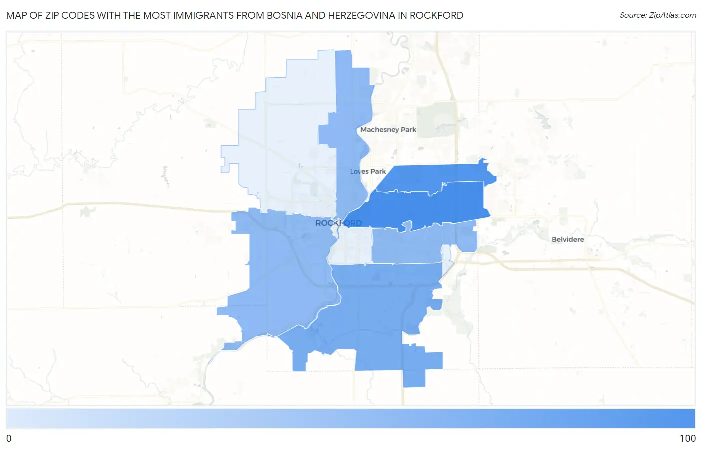Zip Codes with the Most Immigrants from Bosnia and Herzegovina in Rockford Map
