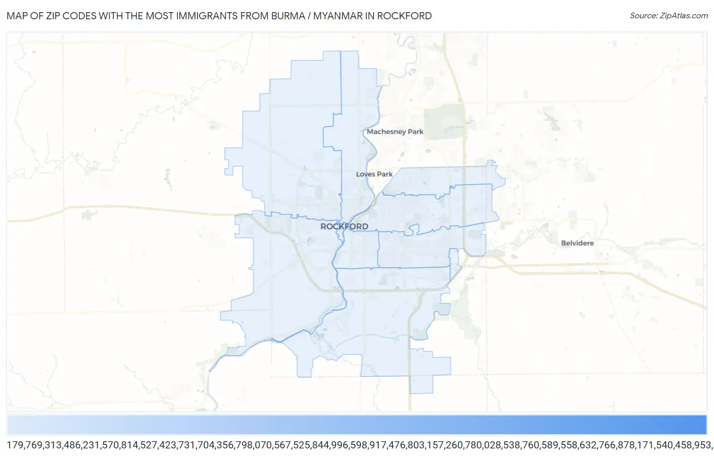 Zip Codes with the Most Immigrants from Burma / Myanmar in Rockford Map