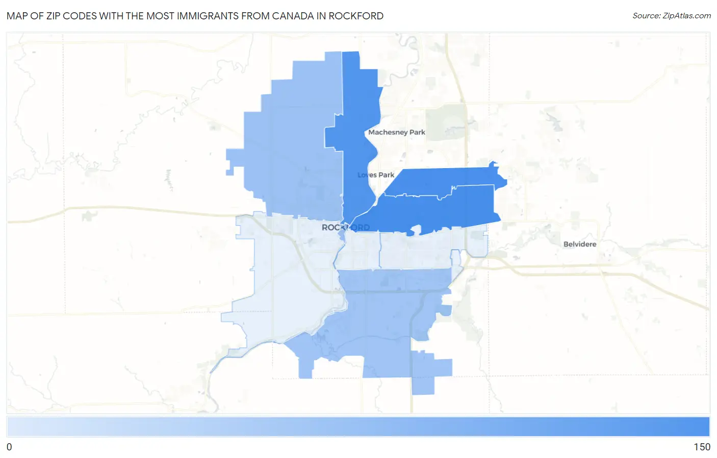 Zip Codes with the Most Immigrants from Canada in Rockford Map