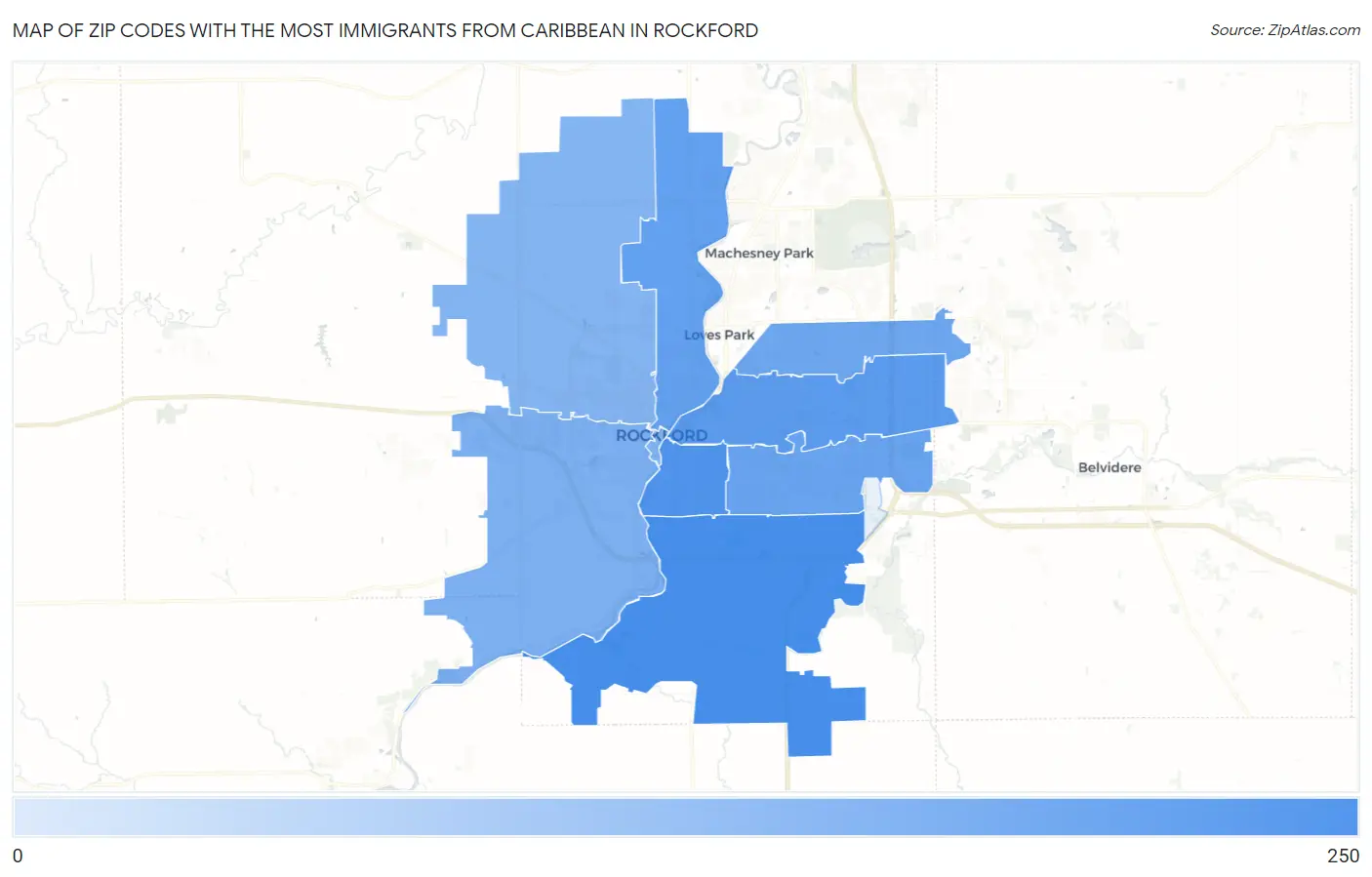 Zip Codes with the Most Immigrants from Caribbean in Rockford Map