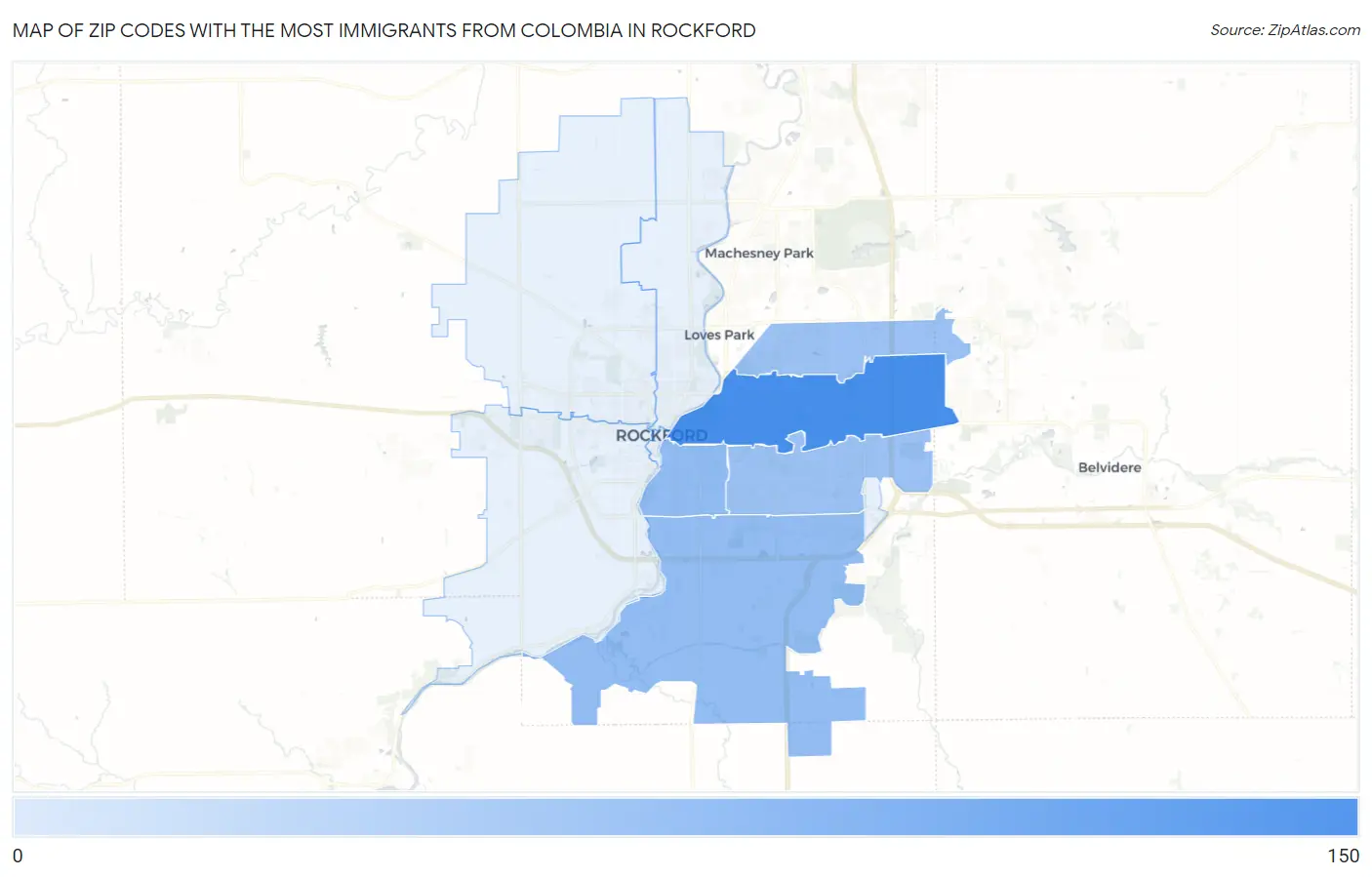 Zip Codes with the Most Immigrants from Colombia in Rockford Map