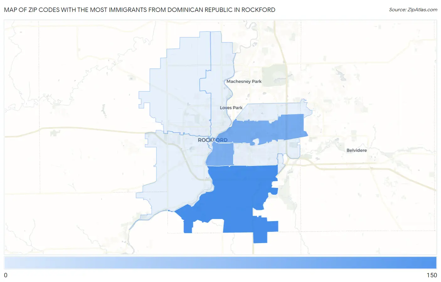 Zip Codes with the Most Immigrants from Dominican Republic in Rockford Map